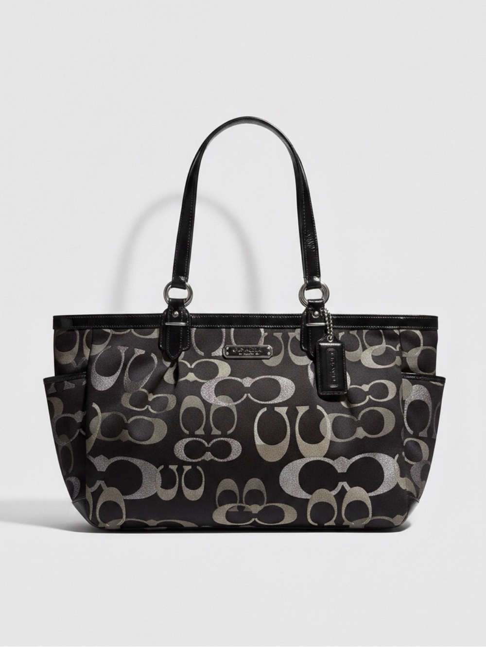 Coach Black Signature Canvas Tote Bag Silver C Logo Print Silver Hardware F19664